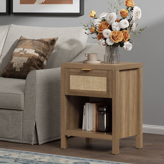 Rattan Nightstand Bedside Table with Drawer and Storage Shelf,Natural Boho Night Stand End Table Side Table for Bedroom, Living Room