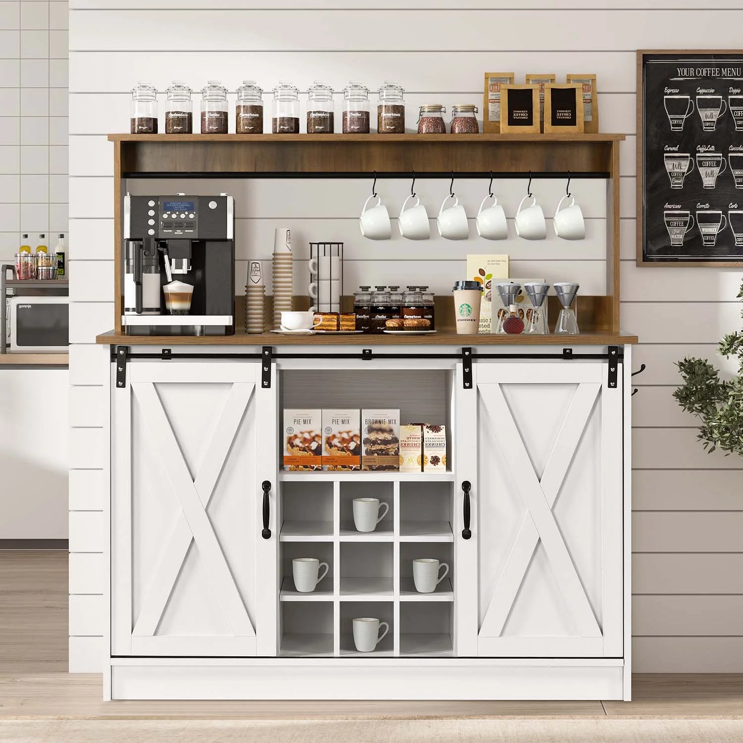 Farmhouse Coffee Bar Cabine, 47" Buffet Cabinet Kitchen Storage Cabinet with Storage Hutch, White