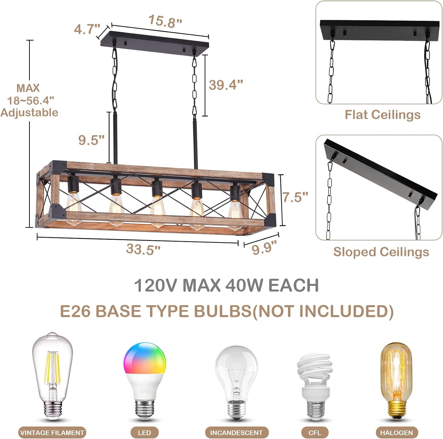 Farmhouse Kitchen Island Lighting, 5-Light Dining Room Light Fixture, Farmhouse Linear Chandelier with Solid Wood for Dining Room Kitchen Bar Pool Table