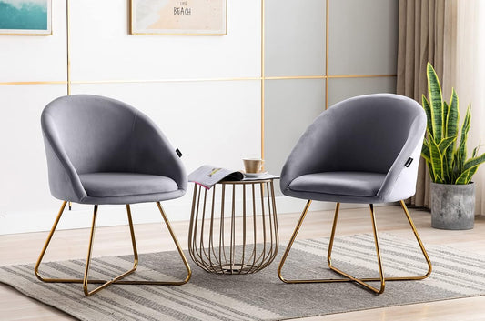 Modern Velvet Dinning Chair with Golden Legs, Lounge Chair Set of 2, Accent Armchair for Living Dining Room Bedroom Reception Chair, Grey