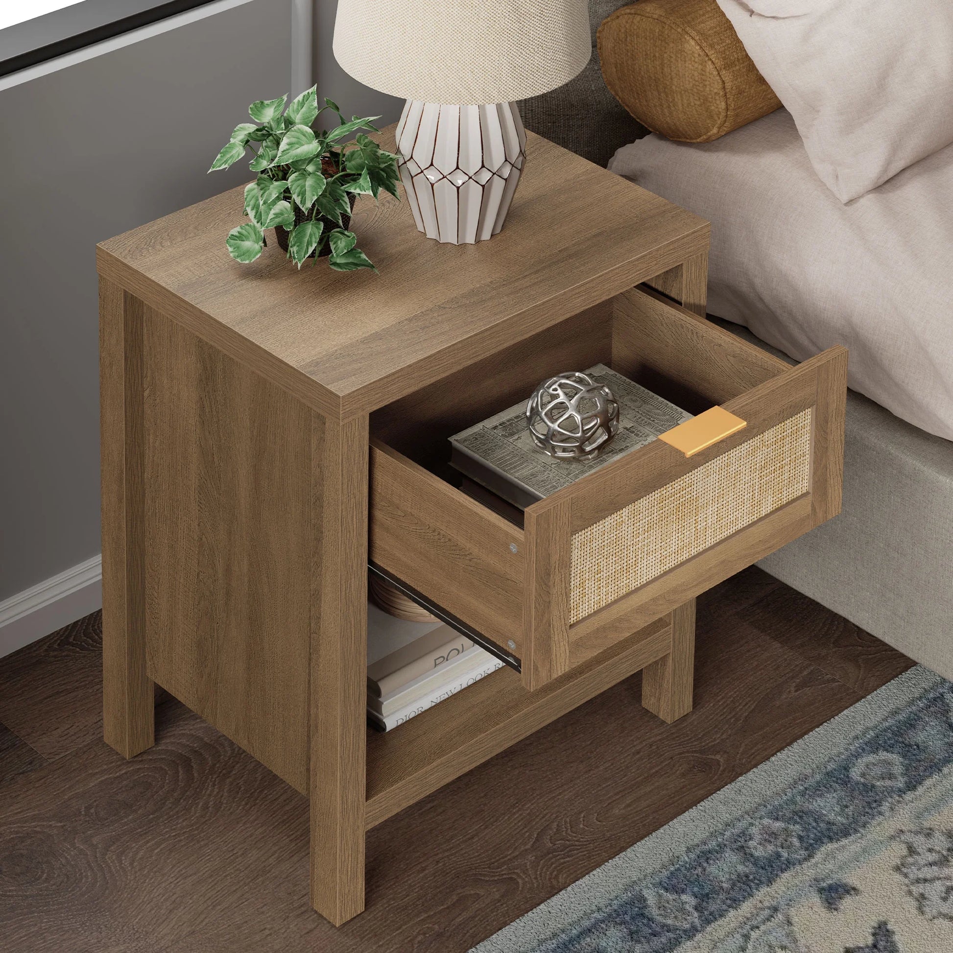 Rattan Nightstand Bedside Table with Drawer and Storage Shelf,Natural Boho Night Stand End Table Side Table for Bedroom, Living Room