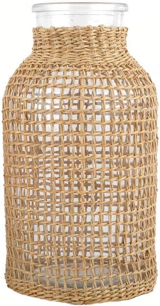 Glass Flower Vase with Rattan Cover, 6.29" Tall Rattan Vase, Wicker Vase for Flowers, Boho Decor, Bud Vase Vintage Country Vase for Home Table Centerpiece, Farmhouse Decoration (S)