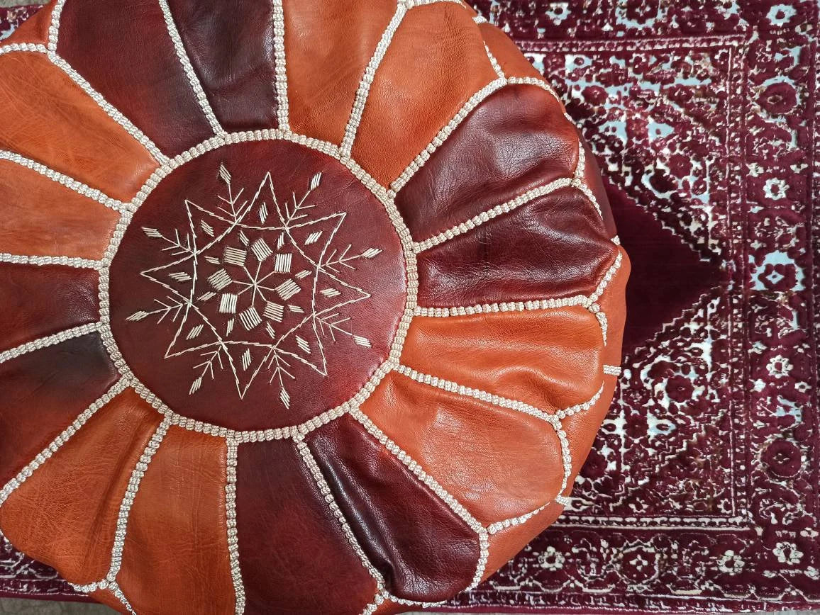 Pouf En Cuir Ottoman Couleurs Mélangées Marron Et Brun Foncé Fait À La Main Marocain Foulon En Cuir Véritable - Pouf Ottoman Repose-Pieds