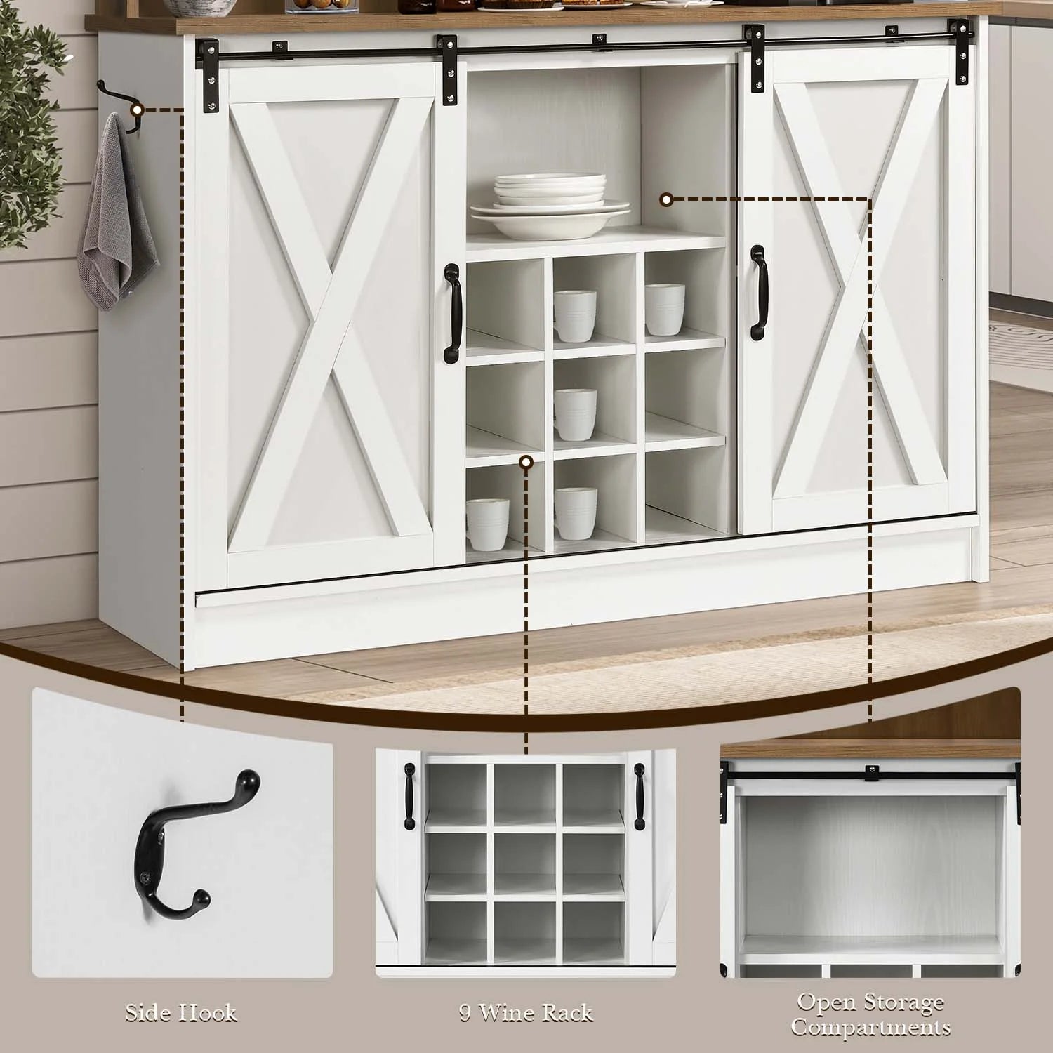 Farmhouse Coffee Bar Cabine, 47" Buffet Cabinet Kitchen Storage Cabinet with Storage Hutch, White