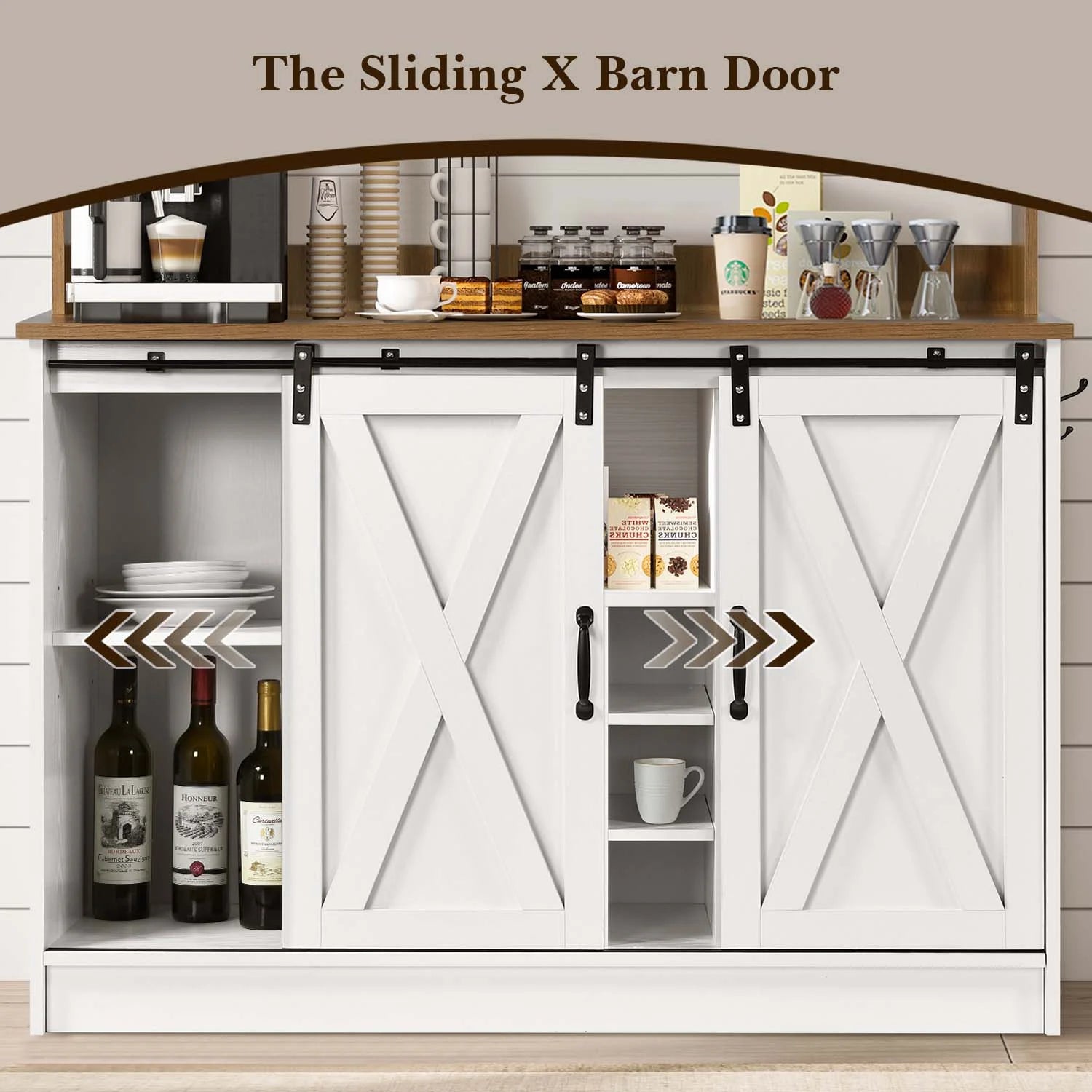 Farmhouse Coffee Bar Cabine, 47" Buffet Cabinet Kitchen Storage Cabinet with Storage Hutch, White