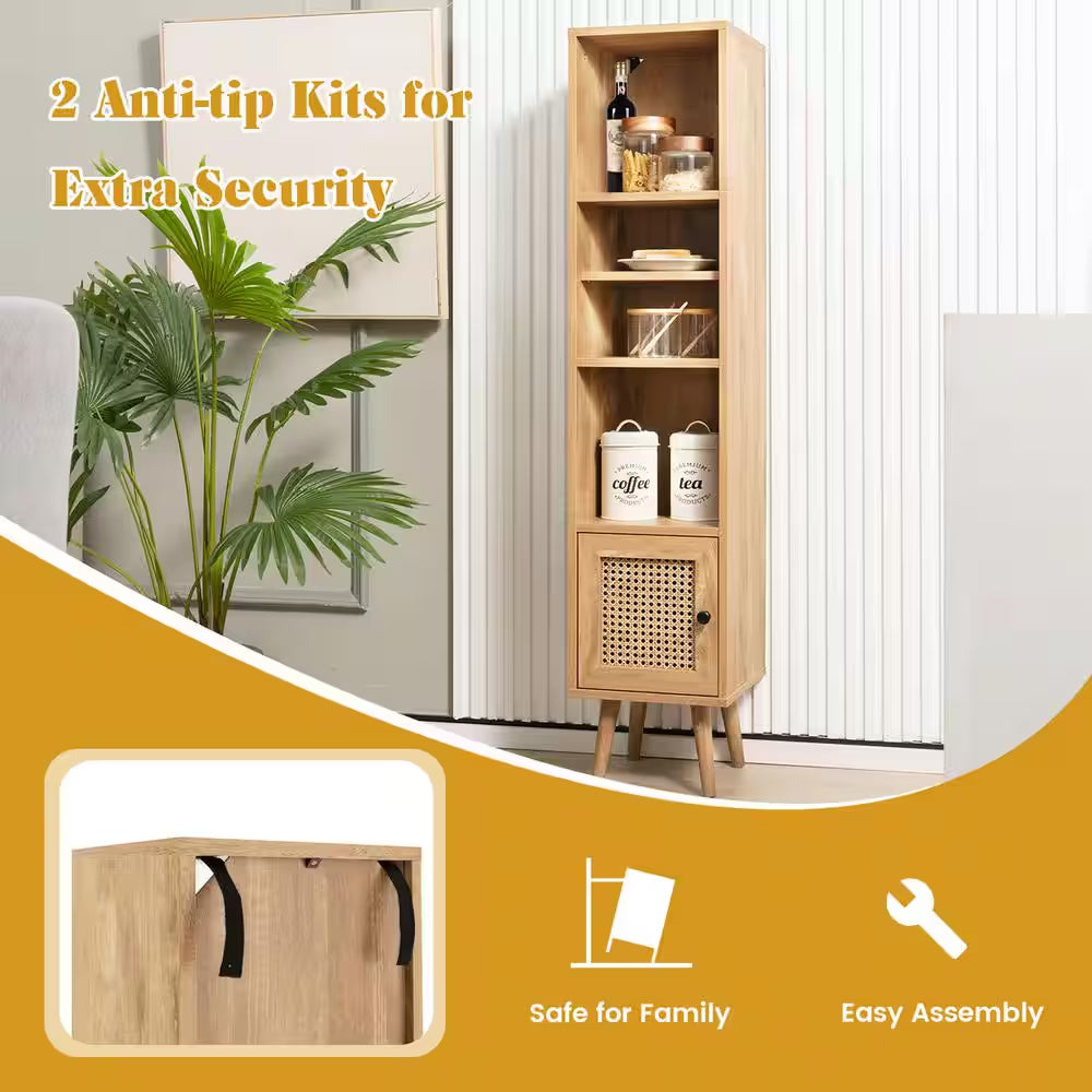 Natural Rattan Storage Cabinet Freestanding Slim Organizer Wood Display Rack Living Room