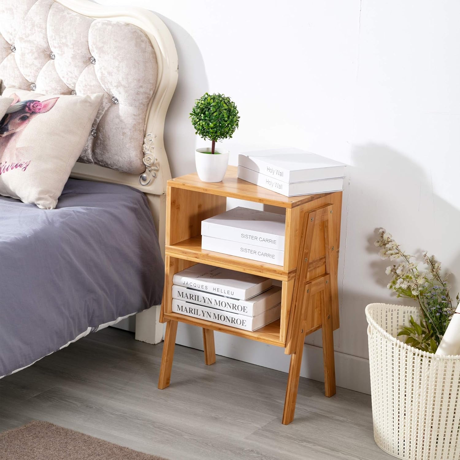 End Tables Bamboo Bedside Stackable Night Stands Living Room for Bed Natural Set of 2