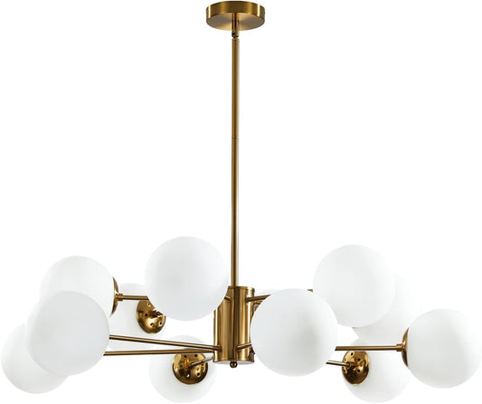 Lighting 12-Light Glass Globe Sputnik Chandelier Light Fixture Mid Century Modern Chandeliers Brushed Brass Chandelier Milk White Glass Ceiling Light Fixture (Gold+White)