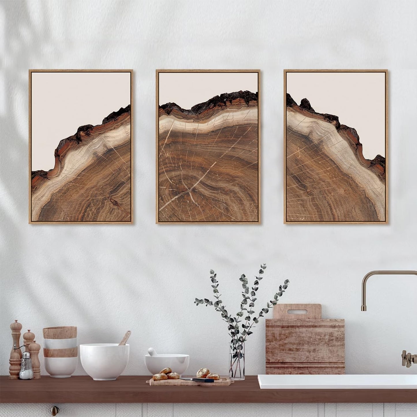HPINUB Framed Tree Rings Wood Wall Art Set, Modern Beige Wood Stump Wall Deco...