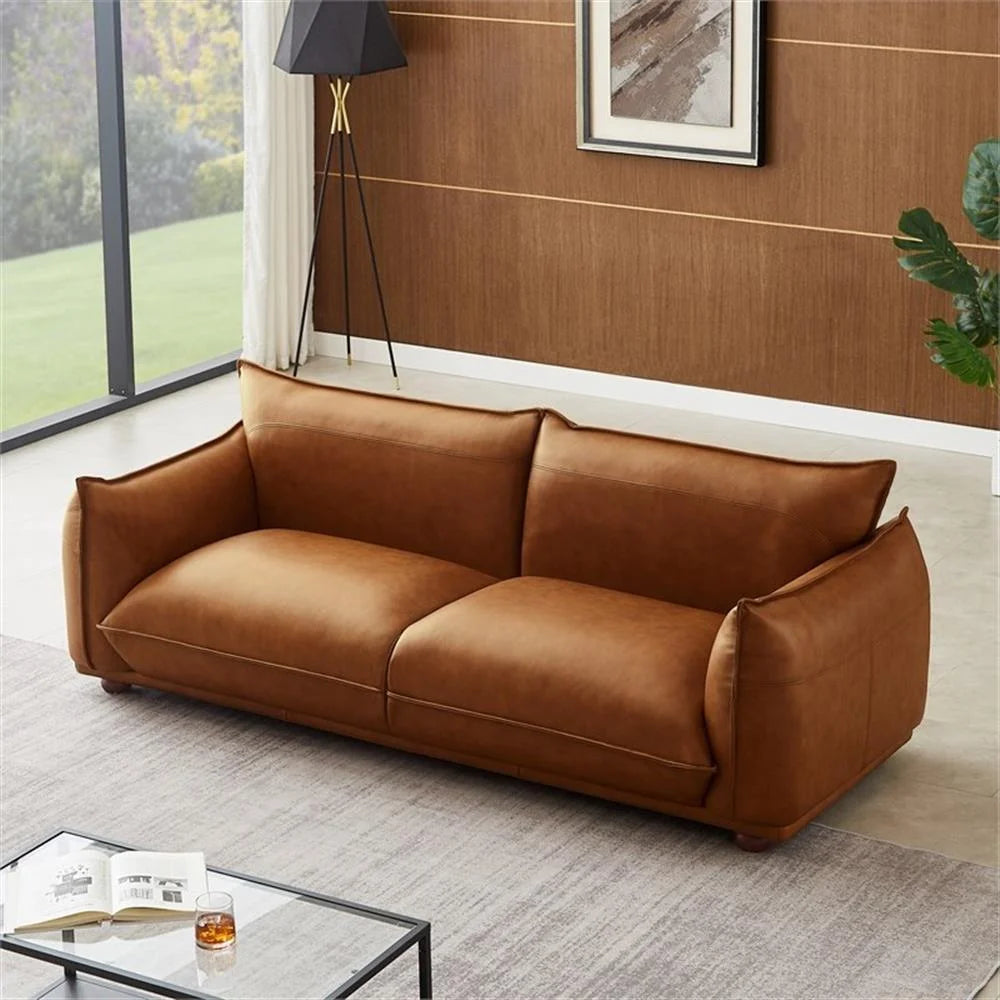 Mid-Century Modern Luxury Living Room Couch in Cognac Tan Leather