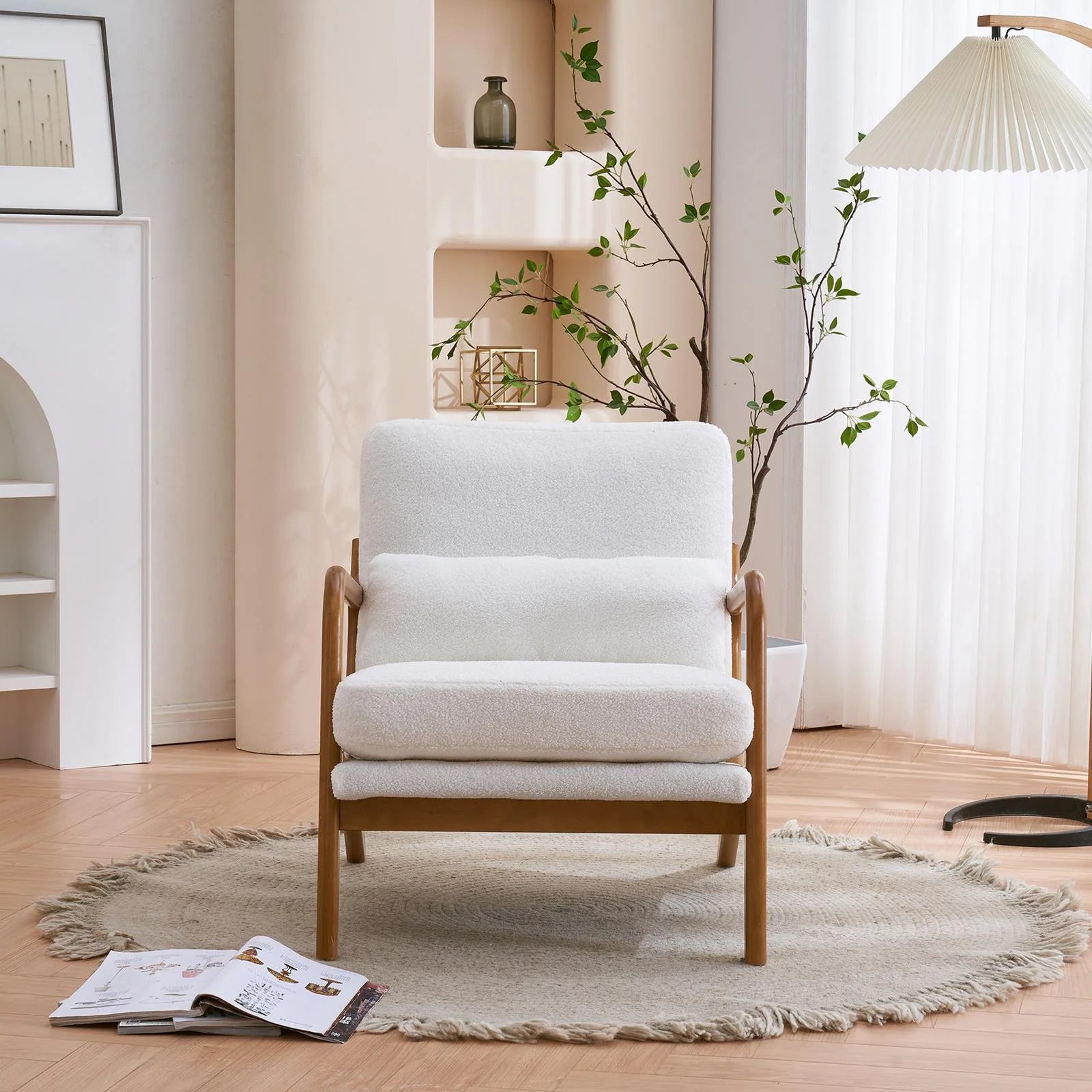 Modern Wood Club Chair Teddy Velvet Fabric Upholstered Reading Accent Chair with Solid Wood Frame Beige
