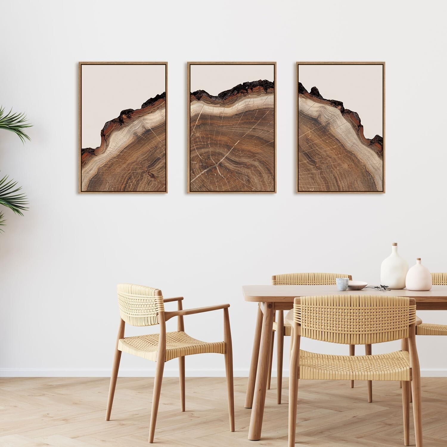 HPINUB Framed Tree Rings Wood Wall Art Set, Modern Beige Wood Stump Wall Deco...