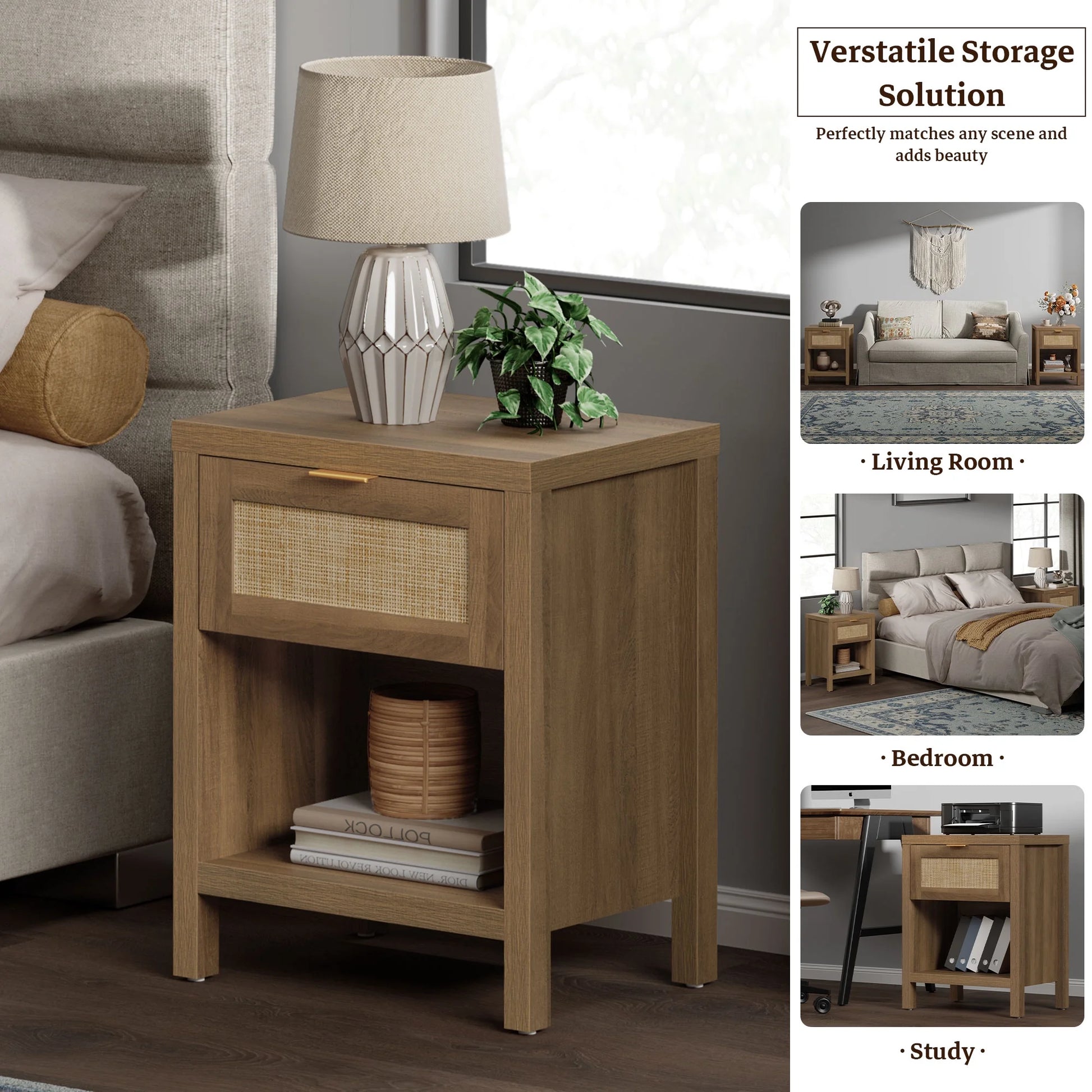 Rattan Nightstand Bedside Table with Drawer and Storage Shelf,Natural Boho Night Stand End Table Side Table for Bedroom, Living Room