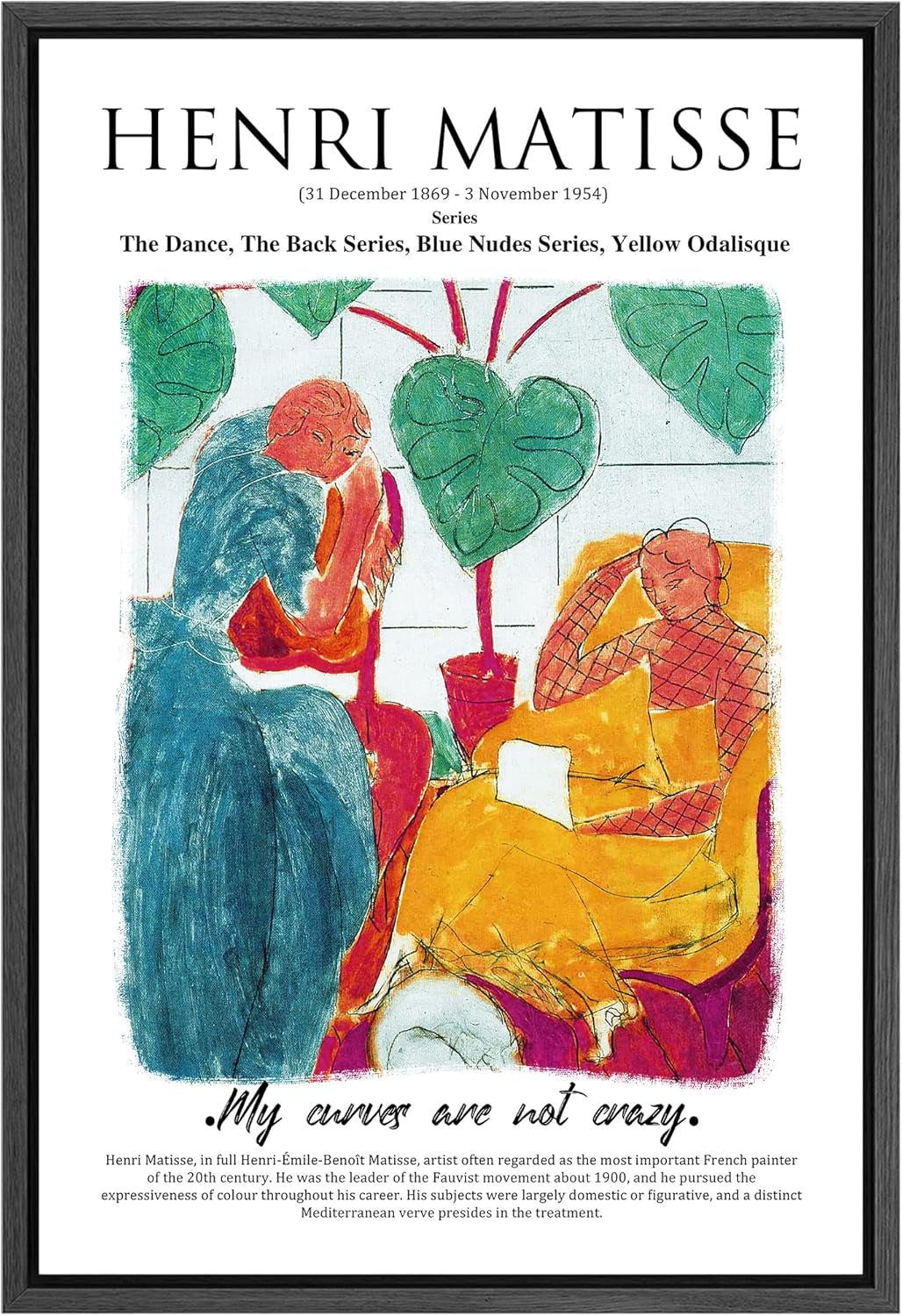 Framed Canvas Print Wall Art Two Women Talking in the Garden People Plants Illustrations Expressionism Chic Relax/Calm Multicolor Ultra for Living Room, Bedroom, Office - 24"X36" BLACK