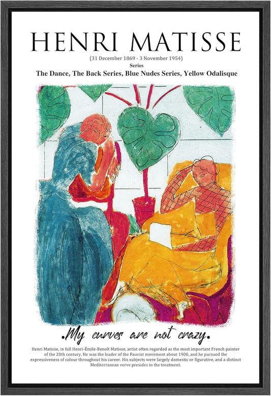 Framed Canvas Print Wall Art Two Women Talking in the Garden People Plants Illustrations Expressionism Chic Relax/Calm Multicolor Ultra for Living Room, Bedroom, Office - 24"X36" BLACK