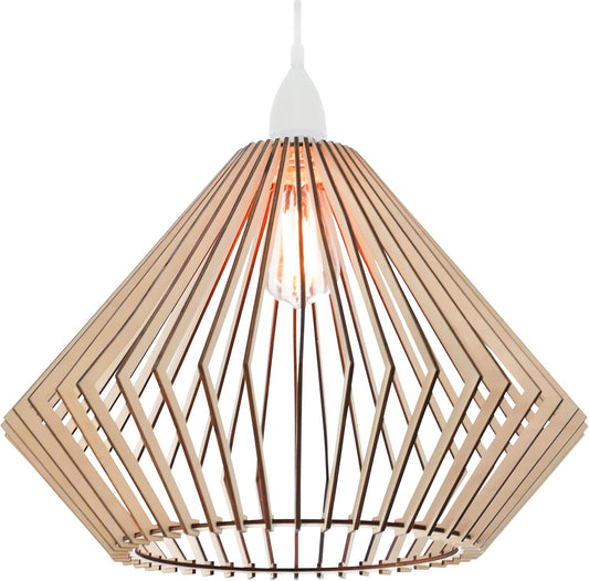 Wood Pendant Light - Easy-To-Assemble Ceiling Chandelier - Modern Boho Hanging Lamp Lighting Fixture for Dining, Kitchen, Bedroom, Living Room - Adjustable Nylon Cord, Uses Standard Bulb