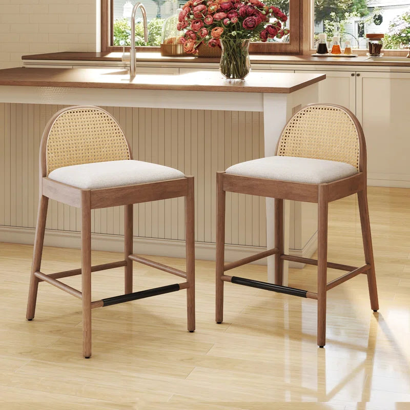 Emington Modern Stools with Rattan Backrests and Wood Frame