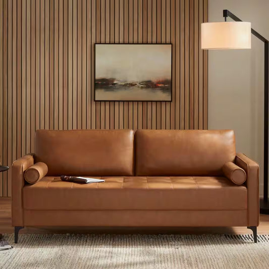 Goodwin 75.6 In. Square Arm Faux Leather Mid-Century Modern Sofa with Bolster Pillows in Caramel Brown