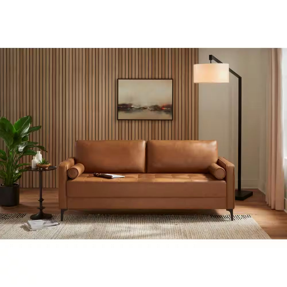 Goodwin 75.6 In. Square Arm Faux Leather Mid-Century Modern Sofa with Bolster Pillows in Caramel Brown