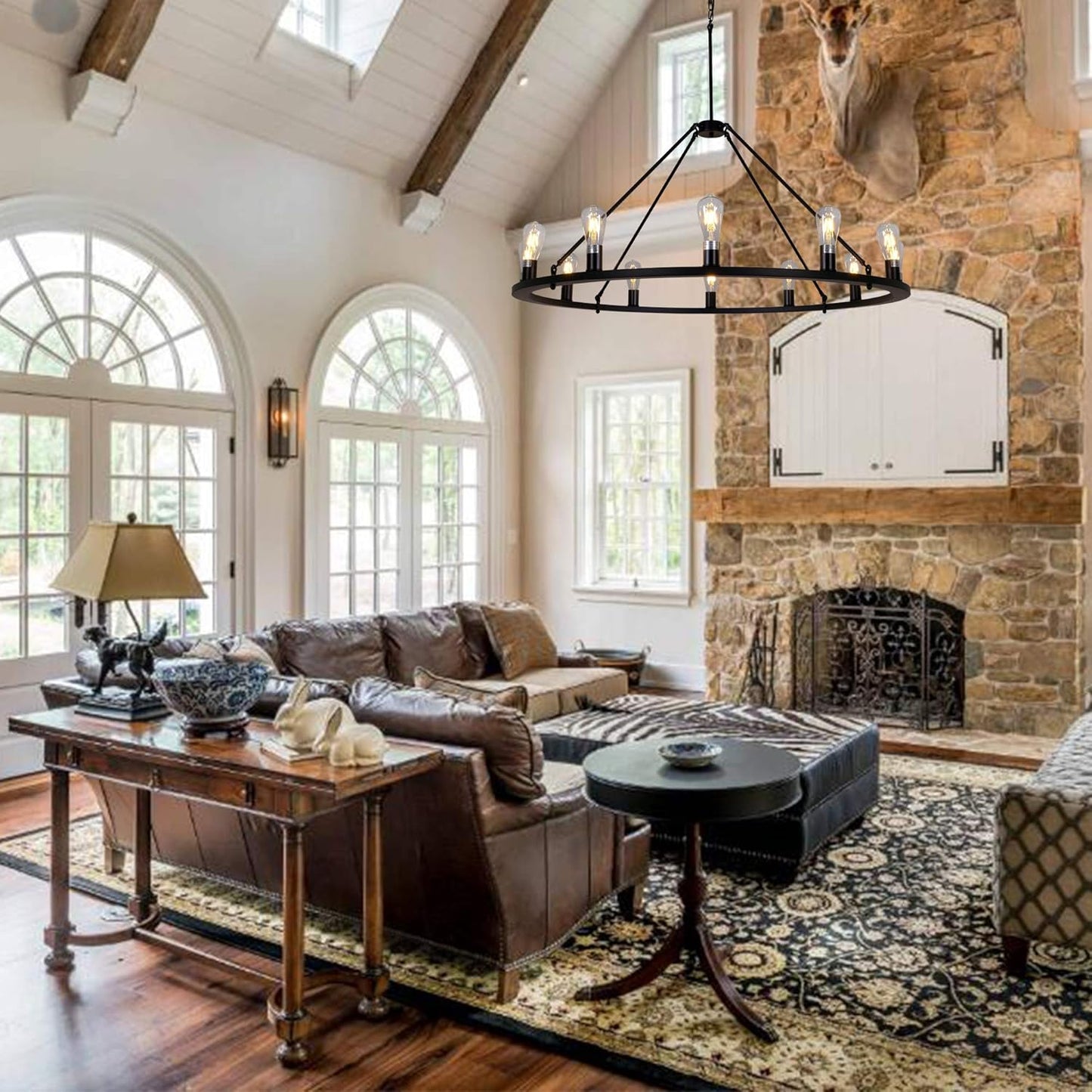 W47'' Wagon Wheel Chandelier Large round Chandeliers for Living Room Foyer Rustic Rod Iron Lighting Fixture Farmhouse Industrial Island Lights Hotel Church Cafe Shops Chandelier
