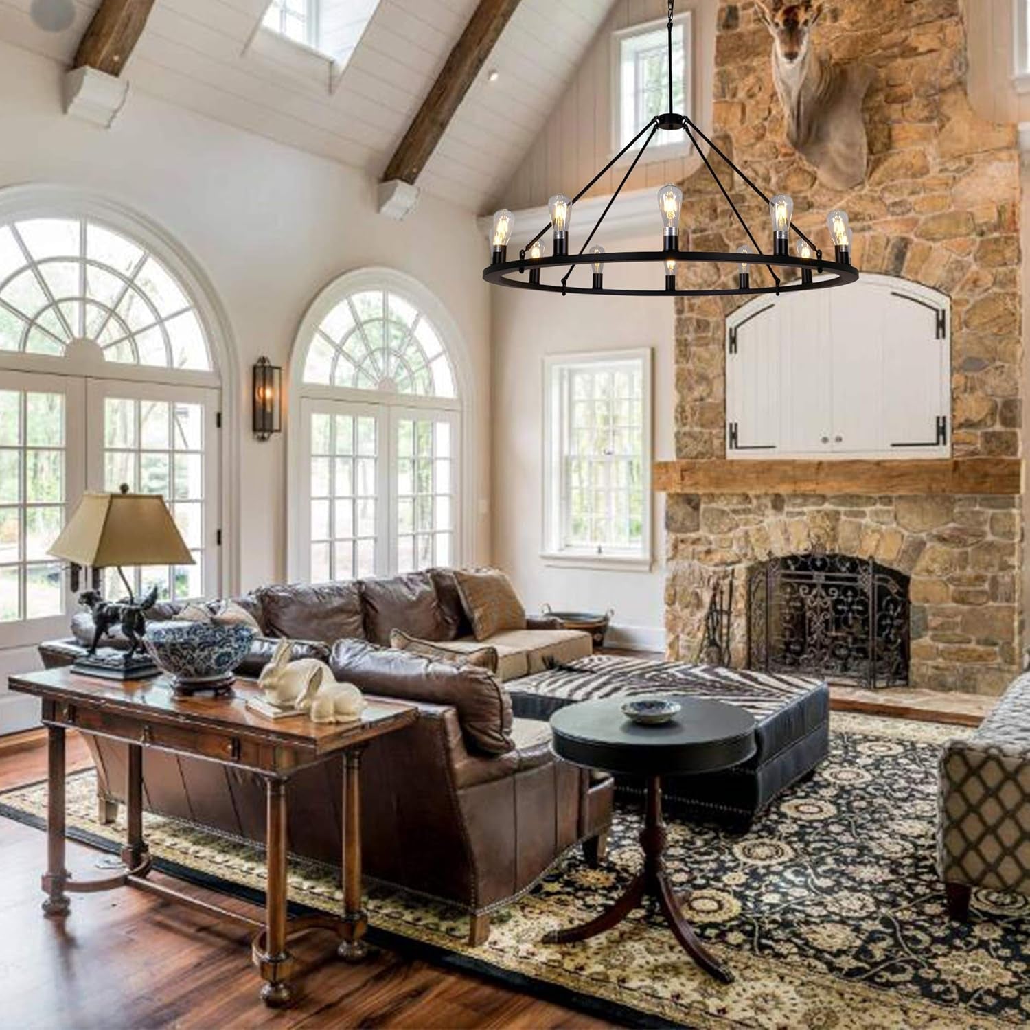 W47'' Wagon Wheel Chandelier Large round Chandeliers for Living Room Foyer Rustic Rod Iron Lighting Fixture Farmhouse Industrial Island Lights Hotel Church Cafe Shops Chandelier