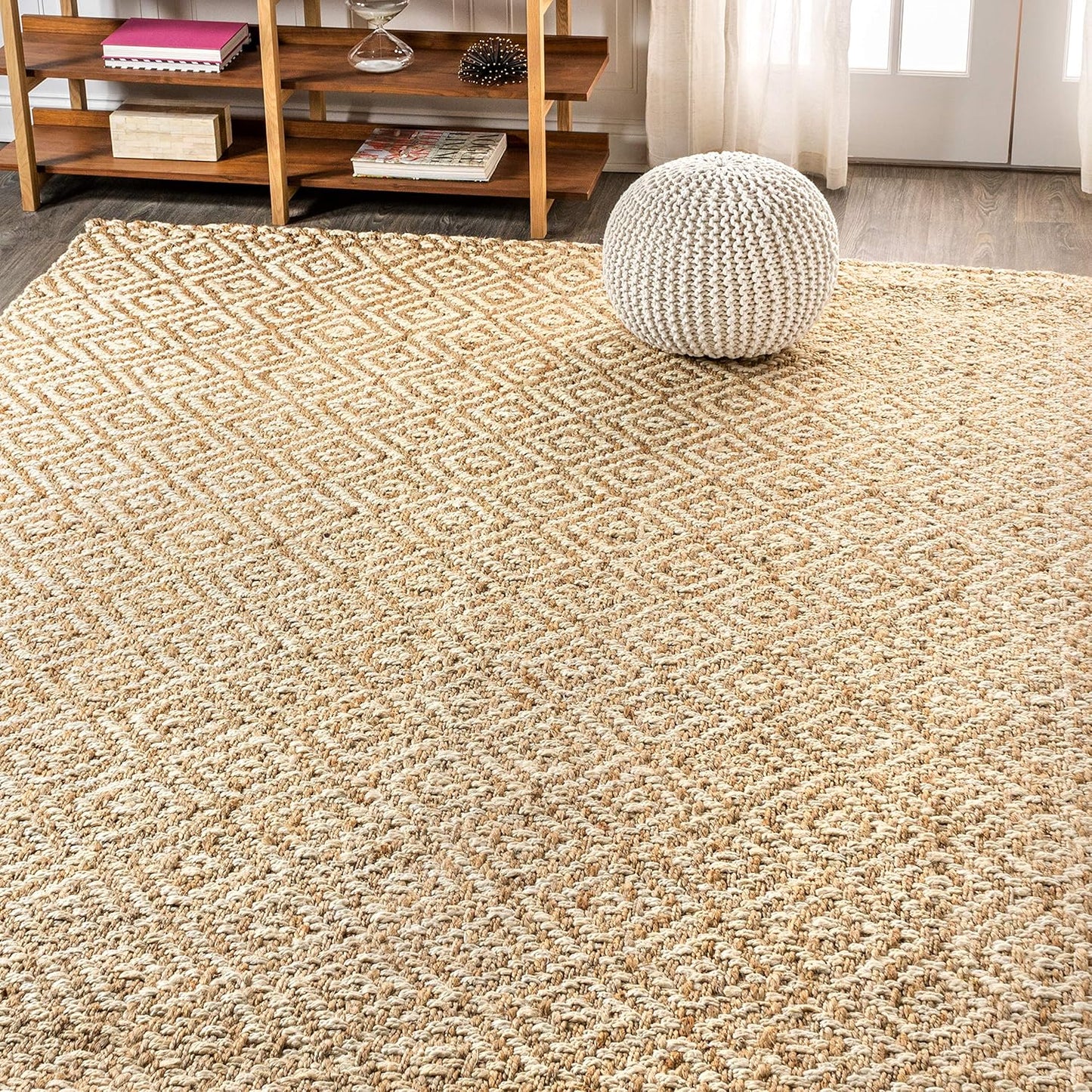 NFR100A-8 Hira Hand Woven Diamond Chunky Jute Indoor Area-Rug Bohemian Farmhouse Easy-Cleaning Bedroom Kitchen Living Room Non Shedding, 92" X 120", Natural Color