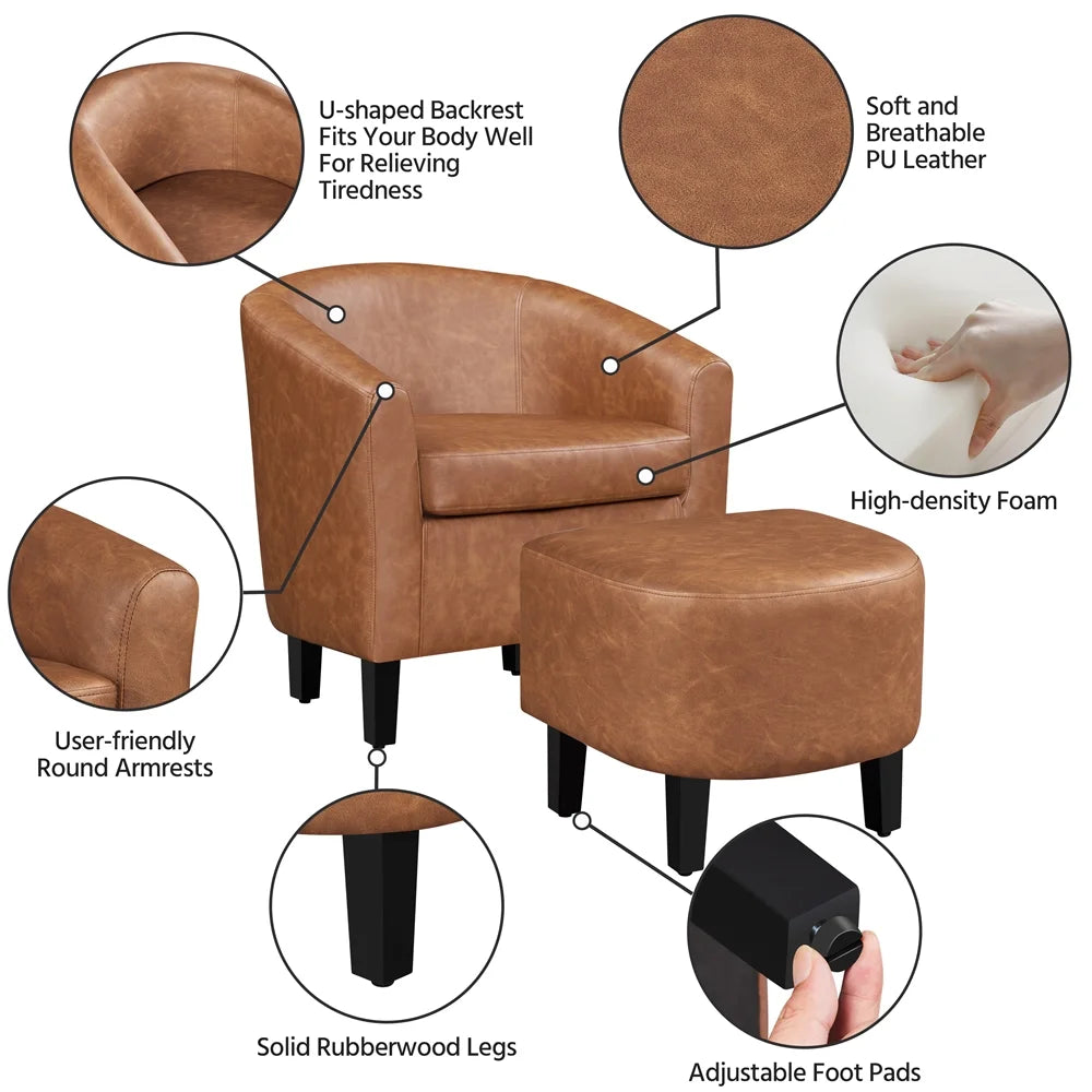 Barrel Accent Chair with Ottoman, Brown Faux Leather